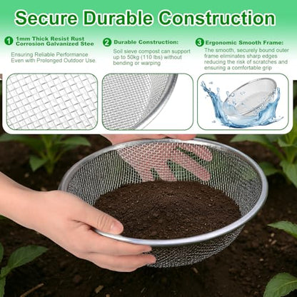 2 Pack Soil Sifter for Gardening - Rock Compost Sand Sifter Fits 5-Gallon Buckets 1/4 Inch & 1/8 Inch Mesh Sifting Screen Sieve for Gravel, Dirt, Sawdust with Repotting Mat - size: 11.8" x 11.8"