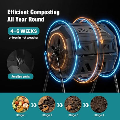 Compost Bin Outdoor, Dual Chamber Composter Tumbler Outdoor with Gloves, Efficient 360°Rotating Composting Bin for Patio, Lawn, Home Gardening and Landscape (Black) - color: black out