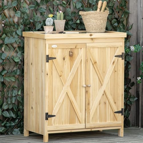 Garden Storage Cabinet, Outdoor Tool Shed with Galvanized Top and Two Shelves for Yard Tools or Pool Accessories, Natural - color: Natural Wood, size: 31.5" W x 17.75" D x 36.25" H