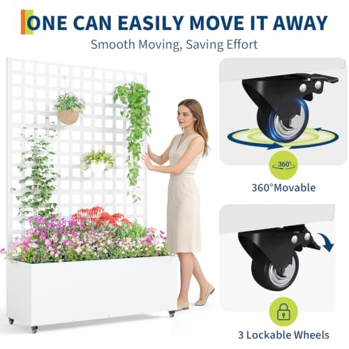Garvee Metal Planter Box with Trellis and Wheels 71"x47"x16", Drainage Hole - color: Grid - White, size: with wheels