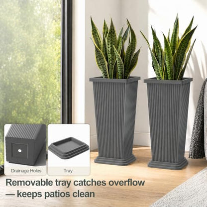 24" Set of 2 Tall Planters for Outdoor Plants, Gray Striped - color: Stripe Gray