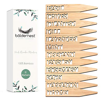 Bamboo Herb Markers - Set of 12 Beautiful Garden Labels - Sturdy Outdoor Garden or Potted Herb Markers