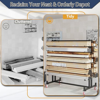 Lumber Storage Rack, Heavy-Duty 2000LBS Rolling Lumber Rack on Wheels, 7-Tier Wood Storage Rack with X-Braced Steel Frame, Pipe Rack Organizer Shelving Unit for Garage Workshop - style: With Wheel