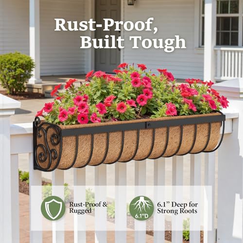 VOXOR Railing Planter Boxes, 30 Inch Window Boxes Planters, Balcony Planters with Adjustable Brackets & Coco Liner for Outdoor Fence, Deck, Porch, and Patio Gardening, 3 Pack - size: 30 Inch