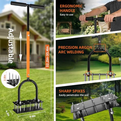 GAINO Lawn Aerator Tool, 15-Spike Aerator, Self-Cleaning, Black & Orange
