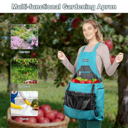 Garden Apron,Harvest Aprons with Drawstring Bag and Pockets for Women and Men,Canvas Fruit Picking Apron - color: Blue
