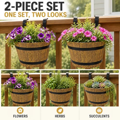 2-Pack Hanging Railing Planters, 7 in Rustic Barrel Flower Pots
