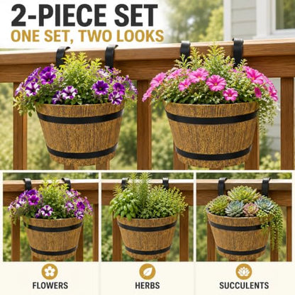 2-Pack Hanging Railing Planters, 7 in Rustic Barrel Flower Pots