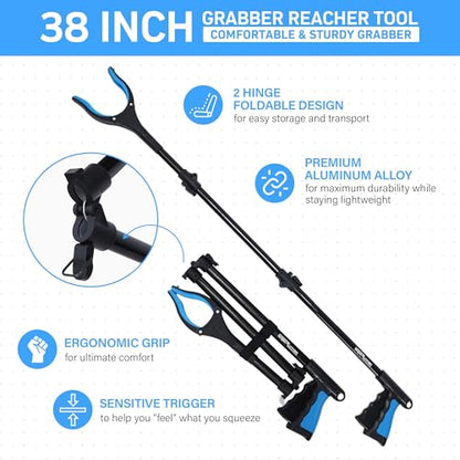 38" Extra Long Grabber Reacher Tool – 2 Pack Foldable Reacher Grabber Pickup Tools with 360° Rotating Jaw & Magnet - Heavy Duty Pick Up Grabbers for Seniors, Trash, Surgery Recovery (Blue Blue) - color: Blue Blue