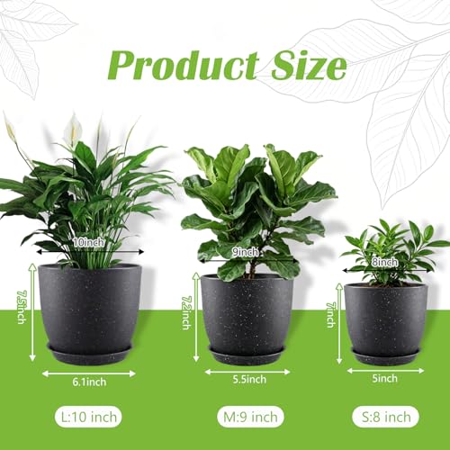 10/9/8 Inch 3 Pack Speckled White Plant Pots with Drainage Holes and Saucers, Indoor Outdoor Decor Planters for Succulents, Herbs and Houseplants - color: Speckled Black