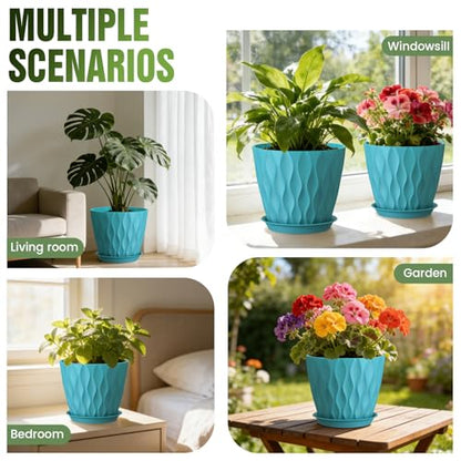 8 Inch Plant Pots 4 Pack Plastic Planters with Drainage & Saucers - color: Blue