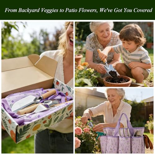 VerdantVibes Gardening Tool Set - 10 Piece Stainless Steel Garden Tools with Wood Handle, Pruners & Purple Lavender Print Tote Bag - Heavy Duty Gardening Gifts for Women Mom & Purple Lovers - color: Purple