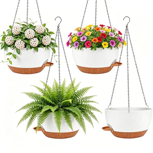 Set of 4-8 Inch Self Watering Hanging Planters for Indoor Outdoor，Hanging Plant Pots with Drainage & Removable Tray, Hanging Pots Holder for Ivy, Pothos, Ferns, Balcony & Patio, White Brown - color: White Brown