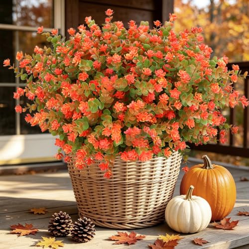 Fall Artificial Flowers for Outdoors, Faux Mums for Planters, Orange - color: Green- Orange