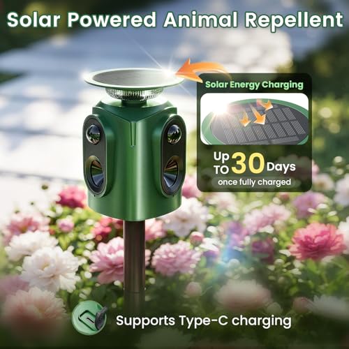 360° Solar Ultrasonic Animal Repellent Outdoor, Deer Repellent Devices, IP65 Waterproof Cat Deterrent for Yard, Effective Repel Squirrel, Rabbit, Dog - Green