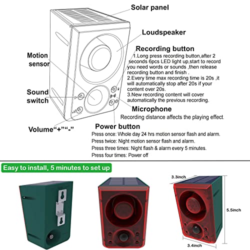 Solar Outdoor Motion Sensor Alarm - Dog Barking & Gunshot Sound 130db Motion Detector Alarm Light,with Remote Controller for Home, Villa,Yard,Chicken coop,Farm,Barn