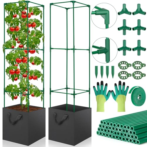 2 Pack Tomato Cages for Garden,49-Inch Square Trellis Frame with 7 Gallon Grow Bags, Plant Clips, Tomato Plant Support Kit for Garden Raised Bed Cucumber Vegetable Climbing Outdoor Indoor - color: 2 Pack Tomato Cages