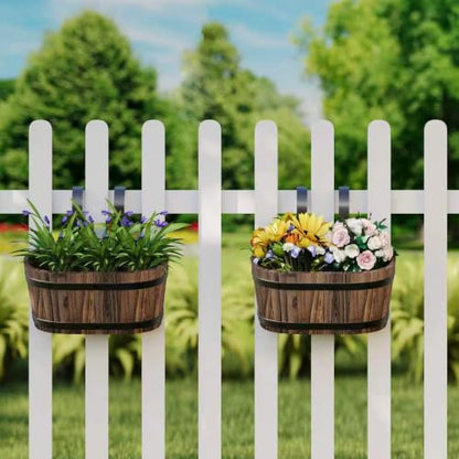 2-Pack Hanging Flower Pots with Drainage Holes, Wooden Railing Planters - color: Carbonized-2pcs, size: Small