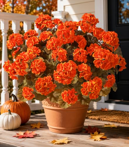 Fake Geraniums Orange Fall Flowers Artificial Flowers for Outdoors Autumn Decor, 6 Bundles Silk Geraniums Fake Plants Realistic UV Resistant Faux Flowers for Outside Planters Garden Balcony Porch Home - color: Fall Orange