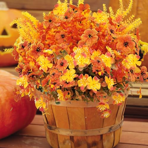 10 Bundles Artificial Mums for Outdoors Fake Fall Flowers Silk Flowers Plastic Plants UV Resistant No Fade for Outside Porch Garden Pots Planters Autumn Fall Decor (Fall)