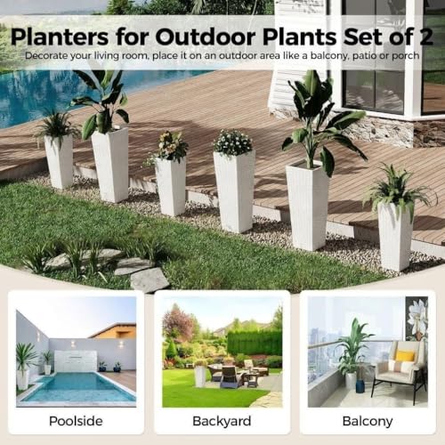 30in Front Porch Planters Outdoor Set of 2, Large Taper Planters with Drainage Holes＆Inner Bucket, Tall Plastic Pots White Rattan Decor Plant Pots for Home,Garden,Patio,Backyard