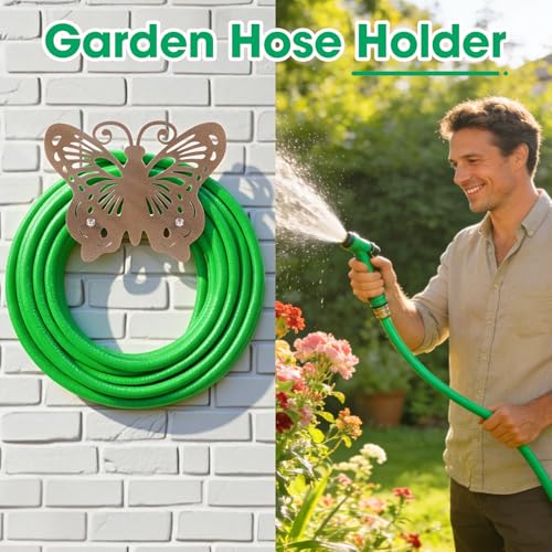 Garden Hose Holder Wall Mount –Stainless Steel Heavy Duty Wall-Mounted Decorative Hose Hanger with Butterfly Design, Rustproof Water Hose Rack, Patio (Bronze)
