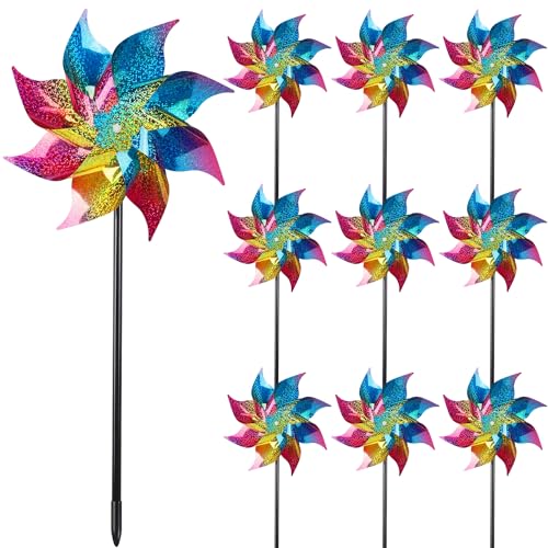 Hausse 10 Pack Reflective Pinwheels Wind Spinner (Assembly Required), Extra Sparkly Rainbow Pinwheel with Stakes, Bird Repellent Blinder Devices Scare Birds Away from Yard Patio Farm Garden, Colorful - color: Colorful