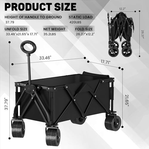 LEVELEVE Heavy Duty Folding Wagon Collapsible Cart, 420Lb Capacity, All-Terrain Wheels w/Brakes & Side Pockets (Black)