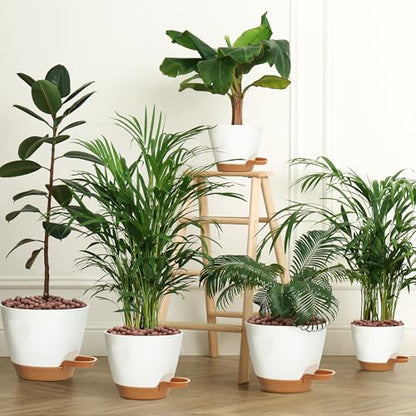5-Pack Plant Pots with Drainage 7/6.5/6/5.5/5 Inch Self Watering Pots for Indoor Outdoor Plants, Plastic Flower Pots with Drainage Holes and Removable Saucers, Plant Pots with Wicking Rope (White)