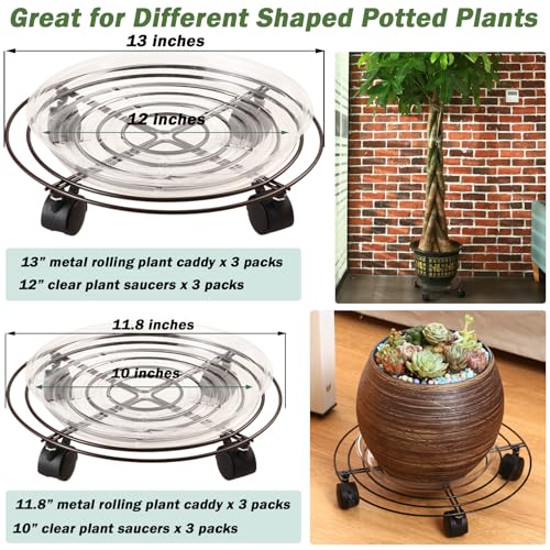 6 Packs Large Metal Plant Caddy with Wheels 13" and 11.8" Heavy-duty Wrought Iron Rolling Plant Stands with Casters Plant Dolly Plant Roller Base Indoor and Outdoor Plant Pot Movers Planter Rollers - color: Brown