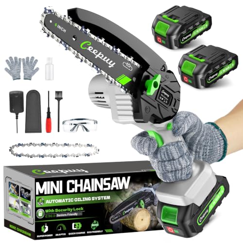 CEEPUY Mini Chainsaw, 6 Inch Portable Electric Chainsaw with 2 Batterys/Automatic Oiler/Security Lock/Powered Small Handheld Saw for Trees Branches Trimming - size: Dark Gray 6-inch