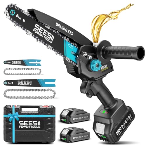 Mini Chainsaw Cordless 8 inch: Electric Chainsaw Battery Powered, Brushless Chain Saw with Auto Oiler, 2pcs Battery, Handheld Saw for Tree Branch Wood Cutting,Gardening Tools for Men Dad Husband - color: Black