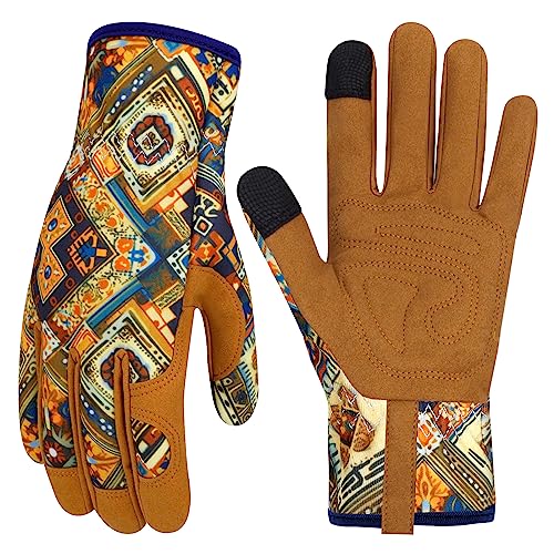 Leather Gardening Gloves for Women Thorn Proof Garden Gloves Touch Screen Working Gloves Gifts,M - color: Bohemian Style a