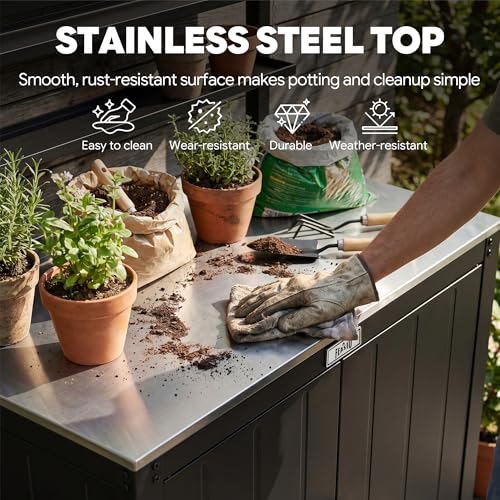 Feasto Outdoor Potting Bench Table with Storage Cabinet, Black - color: Black