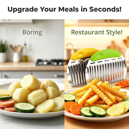 Crinkle Cutter French Fry Cutter, 2 Pack Stainless Steel Wavy Potato Slicer - color: Yellow & Green