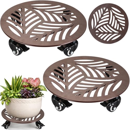 2-Pack Large Metal Plant Caddy with Wheels 13.6 Inches Heavy-duty Rolling Plant Stands with Casters Wheeled Flower Pot Mover Rollers Rust-proof Iron Planter Dolly Coasters for Indoor Outdoor Use - color: Textured Brown, size: 13.6"/ 2 packs