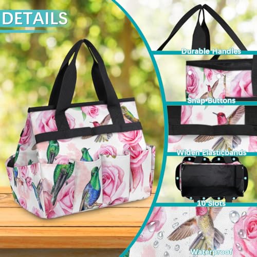 Hummingbird Flower Rose Garden Tool Bag Waterproof Gardening Tool Storage Bag with Handle & 10 Pockets Gardening Tote Bag for Women Garden Tool Organizer - color: Hummingbird Flower Rose