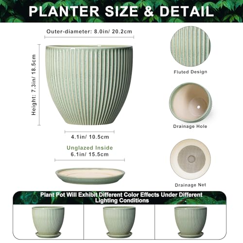 8 Inch Planter, Ceramic Plant Pots with Saucer, Green - color: Green, size: 8 Inch