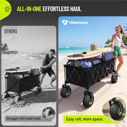 HIKEMOON 400L Large Beach Collapsible Wagon with Balloon Wheels, Black - color: Black-b