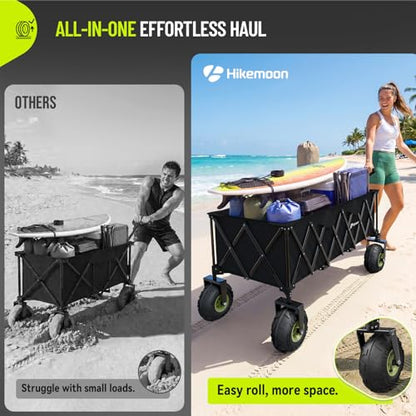 HIKEMOON 400L Large Beach Collapsible Wagon with Balloon Wheels, Black - color: Black-b