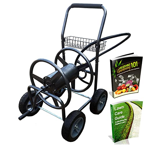 Backyard Expressions Metal Hose Reel Cart with Wheels - Heavy Duty Hose Caddie - 250 Ft Hose Capacity - Hammertone Finish - style: 2023 4 Wheel
