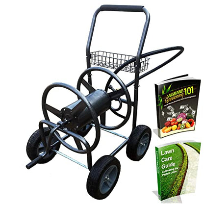 Backyard Expressions Metal Hose Reel Cart with Wheels - Heavy Duty Hose Caddie - 250 Ft Hose Capacity - Hammertone Finish - style: 2023 4 Wheel