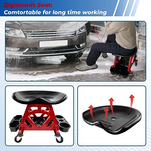 HOXWELL Durable Mechanic Seat with Wheels - Heavy Duty Rolling Stool Car Detailing Creeper Seat with Tool Tray for Workshop, Auto Repair Shop and Home