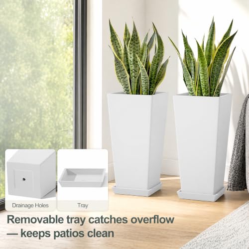 24" Set of 2 Tall White Planters for Outdoor Plants, Tapered - color: Classic White
