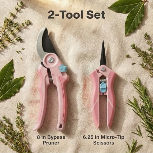 NEXON Pruning Shears 2-Pack, Bypass 8" & 6.25", SK5 Steel Garden Shears - color: Pink