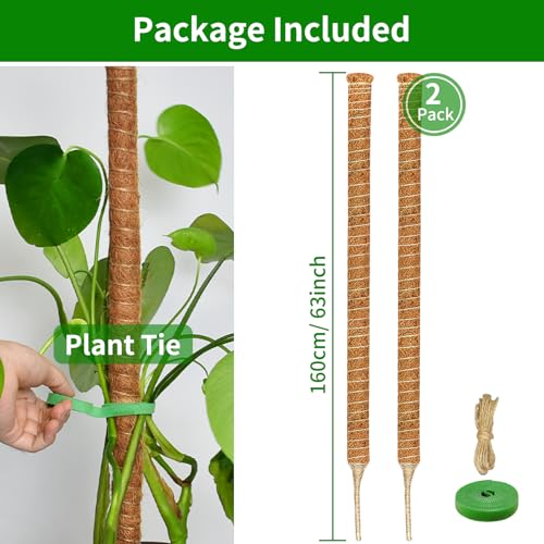 2 Pack 63'' Moss Pole for Monstera, Bendable Coco Coir Plant Support Stakes - size: 2 Pack（63-Inch）