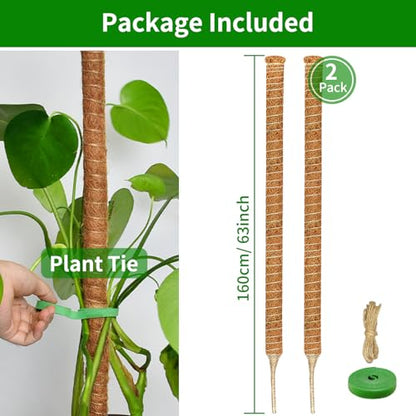 2 Pack 63'' Moss Pole for Monstera, Bendable Coco Coir Plant Support Stakes - size: 2 Pack（63-Inch）
