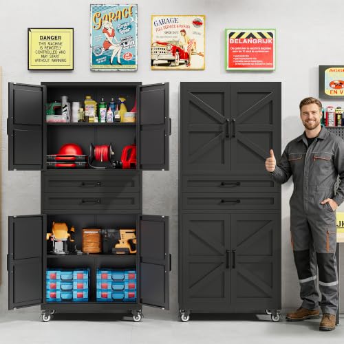 SISESOL Metal Storage Cabinet with Wheels and Drawers,Rolling Garage Storage Cabinet with Doors and Adjustable Shelves,73" Mobile Tall Large Metal Tool Cabinets for Home,Office,Garage（Black） - color: Black, size: 73"H-B
