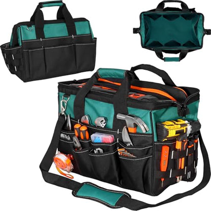 FamilyKit 17-Inch Heavy Duty Tool Bag for Men with 28 Multipurpose Pockets - color: Black-Green Tool Bag