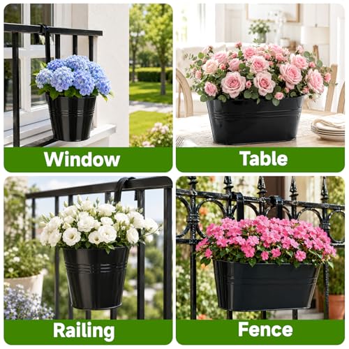 KINGLAKE Flower Pots,10 Pcs Metal Iron Hanging Flower Plant Pot Balcony Garden Plant Planter Baskets Fence Bucket Pots 10.6" & 5.1" Flower Holders with Detachable Hook Black - color: Black, size: 10.8 Inch and 5.1 Inch